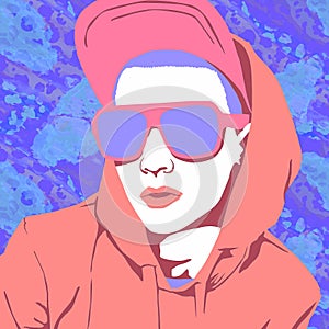 Fashion minimal illustration. Stylish urban street Girl look. Cap and sunglasses