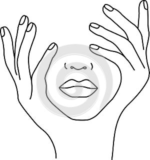Fashion minimalist woman face. Beautiful lips, nose, hands holding fase. One line drawing. Image and Vector