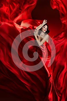 Fashion Model Art Dress, Woman Dancing in Red Waving Fabric