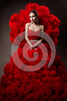 Fashion Model art Red Dress, Woman Beauty portrait, Beautiful Queen in Waves Gown