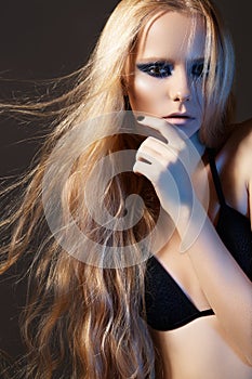 Fashion model, beautiful long shiny hair & make-up