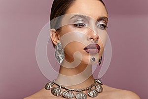 Fashion Model Beauty Portrait, Elegant Woman with Jewelry, Beautiful Makeup. Fashion Model Beauty Portrait.