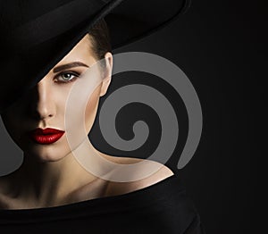 Fashion Model Beauty Portrait, Woman Beauty, Elegant Black Hat