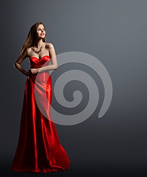 Fashion Model Beauty, Woman in Red Dress Full Length Portrait, Long Silk Evening Gown