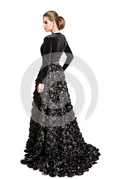Fashion Model in Black Dress, Elegant Woman Long Evening Gown, Girl Back Rear View Beauty Portrait, White