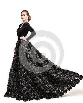 Fashion Model Black Dress, Elegant Woman in Long Evening Gown, Girl Beauty Portrait, White