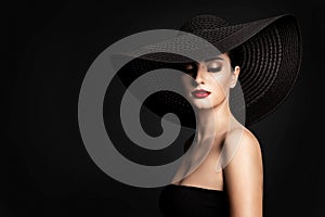 Fashion Model Black Hat, Elegant Woman Beauty Retro Portrait, Wide Broad Brim Hat