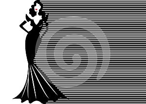 Fashion model in black and white striped background, woman in glamour long black dress vogue style. Vector banner template