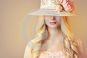 Fashion Model in Broad Brim Hat with Peony Flowers, Retro Woman