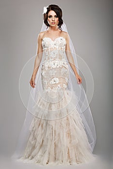 Fashion Model Classy Bride in Long Wedding Dress and Veil