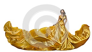 Fashion Model Dress, Woman Dance in Long Gown, Waving Golden Silk Fabric, Beautiful Girl on White