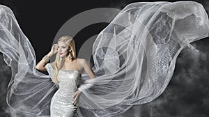 Fashion Model Dress, Woman Flowing Cloth Wings, Flying Girl