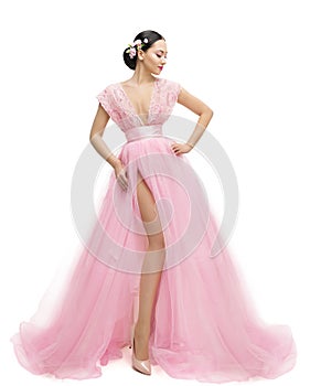 Fashion Model Dress, Woman in Long Pink Clothes, Asian Girl
