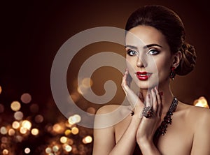 Fashion Model Face and Jewelry, Woman Beauty Portrait, Makeup