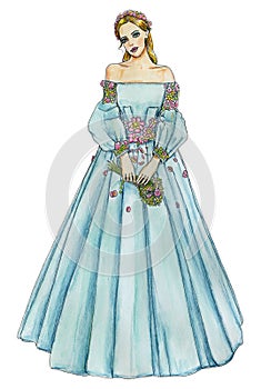 Fashion Model in a Fairytale Bidal Style Floral Gown