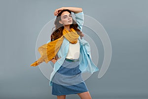 Fashion Model Girl In Beautiful Fashionable Clothes In Studio