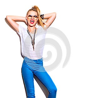 Fashion model girl isolated over white