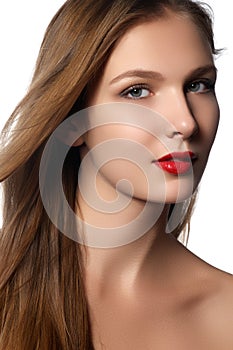 Fashion model girl portrait with long blowing hair