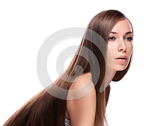 Fashion Model Girl Portrait with Long Blowing Hair. Glamour Beau