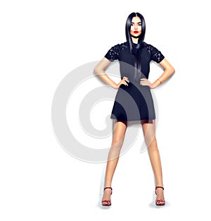 Fashion model girl wearing little black dress on white