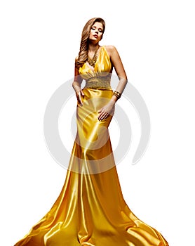 Fashion Model Gold Dress, Woman Full Length Portrait in Golden Yellow Long Gown on White