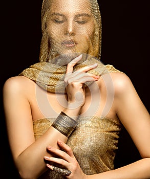 Fashion Model with Gold Veil on Face, Beautiful Woman Artistic Portrait