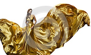 Fashion Model Golden Fly Dress, Elegant Woman Fluttering Gown