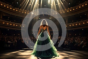 Fashion model in green dress on a catwalk in the interior of the theater, Beautiful girl in a green evening dress, An opera singer