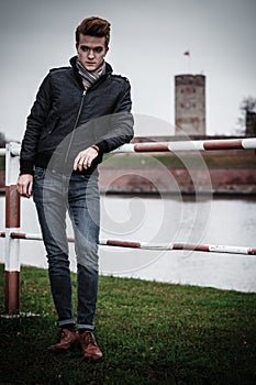 Fashion model guy portrait outdoors