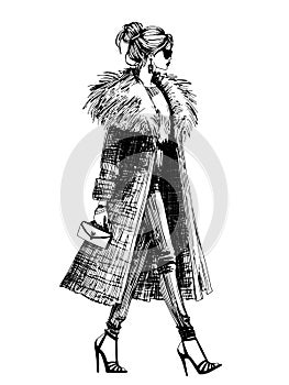 fashion model illustration fashion woman runway sketch ink pen drawing with top model wearing trendy designer clothes