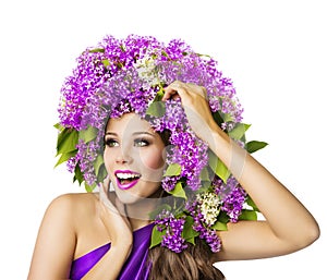 Fashion Model and Lilac Flowers, Beautiful Woman Hat, White