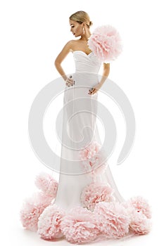 Fashion Model Long Dress Art Flowers, Elegant Woman White Gown