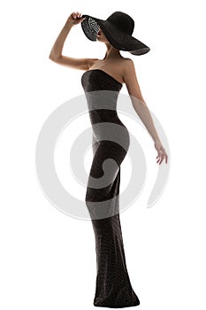 Fashion Model Long Dress Big Hat, Sexy Elegant Woman in Black Gown, full length on white