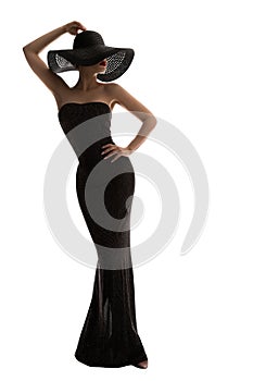 Fashion Model Long Dress Summer Hat, Elegant Woman in Black Gown, Lady full length on white