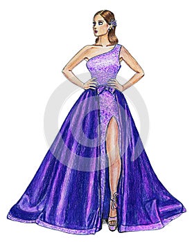 Fashion Model in a Long Flowing Purple Evening Gown Maxi Dress