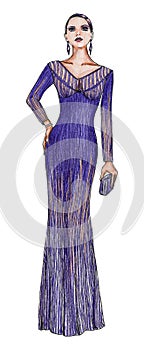 Fashion Model in a Long Purple Evening Gown