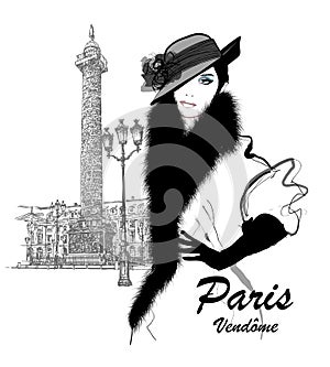 Fashion model nearby Vendome column in Paris