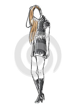 Fashion model in playsuit sketch. Vector illustration decorative design photo