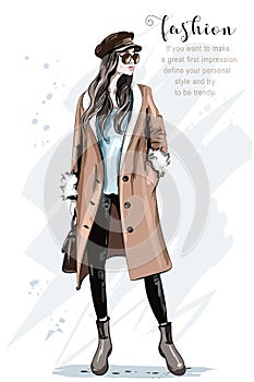 Fashion model posing. Stylish beautiful woman in coat and cap. Hand drawn fashion woman. Sketch.