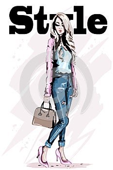 Fashion model posing. Stylish beautiful young woman with bag. Hand drawn blond hair woman. Sketch.