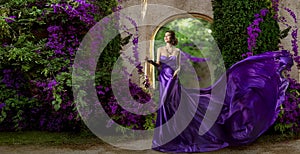 Fashion Model Purple Dress, Woman Long Silk Gown, Violet Garden