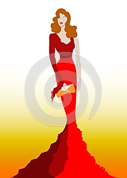Fashion model in red beauty dress, sexy woman posing evening gown. Shop logo silhouette diva beautiful luxury cover girl retro