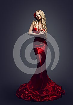 Fashion Model Red Dress, Stylish Woman in Elegant Beauty Gown, G