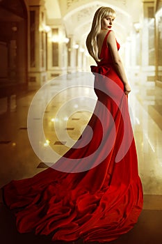 Fashion Model Red Dress, Woman Beauty Portrait, Girl Long Gown