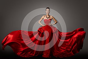 Fashion Model Red Dress, Woman in Long Fluttering Waving Gown, Beauty Portrait