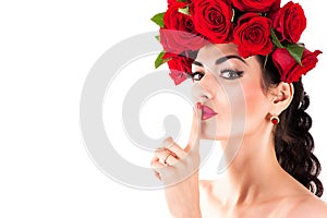 Fashion model with red roses hairstyle