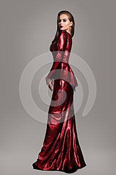 Fashion Model Red Sparkling Dress, Elegant Woman in Long Evening Gown, Beautiful Girl Beauty Portrait
