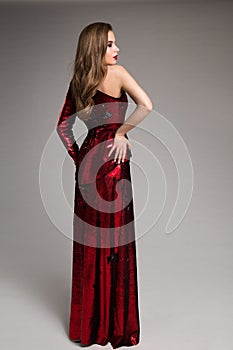 Fashion Model Red Sparkling Dress, Elegant Woman in Long Evening Gown, Rear view