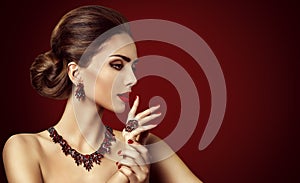 Fashion Model Red Stone Jewelry, Woman Retro Makeup and Red Ring photo