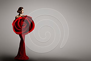 Fashion Model Rose Flower Dress, Elegant Woman Red Art Gown, Beauty Portrait photo